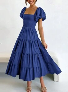 Women's Casual Summer Midi Dress Puffy Short Sleeve Square Neck Smocked Tiered Ruffle Dresses - Màu xanh lam - Xem 1