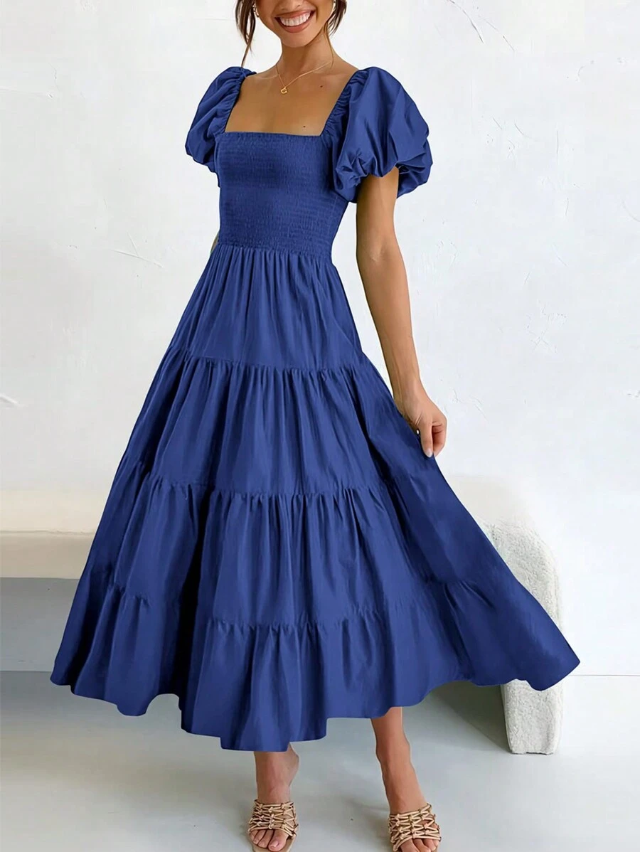 Women's Casual Summer Midi Dress Puffy Short Sleeve Square Neck Smocked Tiered Ruffle Dresses - Màu xanh lam - Xem 1