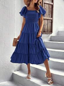 Women's Casual Summer Midi Dress Puffy Short Sleeve Square Neck Smocked Tiered Ruffle Dresses - Màu xanh lam - Xem 3
