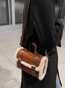 Fashionable Women Small Flap Crossbody Bag, Fluffy Trim Mini Square Handbag, Shoulder Messenger Bag, New Arrival Fur Purse, Perfectly Matching With Fall Outfits Womenfall Clothes For Women, New Arrival Fur Bag For Women