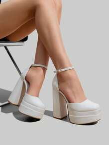 Women Platform High Chunky Block Heels Pumps Square Closed Toe Ankle Strap Solid Color Wedding Party Prom Festival Shoes - 白色 - 查看 1