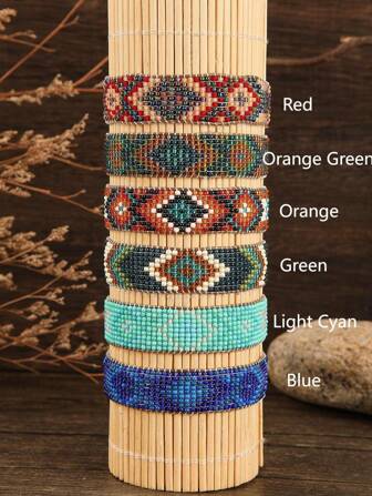 1 件女士时尚串珠手链，复古波西米亚风格彩色串珠，经典几何图案玻璃种子珠手工编织手链，适合日常和户外佩戴的别致珠宝，适合送给朋友和家人的男女通用礼物