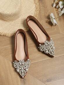 Giày cô dâu đế bằng cho nữ, giày ba lê đế mềm ren ngọc trai kiểu mới, giày phù dâu dự tiệc cưới kim cương tinh tế kiểu tiên nữ - Cà phê nâu - Xem 4
