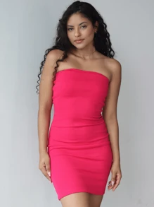 Women's Short Strapless Ribbed Irregular Dress - 粉色 - 查看 1