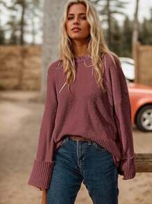 Women's Sweater Solid Color Oversized Crewneck Long Sleeve Fuzzy Knit Casual Chunky Warm 2024 Fall Pullover Loose Sweaters Top Outfits - 玫瑰紅 - 查看 3