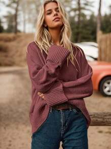 Women's Sweater Solid Color Oversized Crewneck Long Sleeve Fuzzy Knit Casual Chunky Warm 2024 Fall Pullover Loose Sweaters Top Outfits - 玫瑰紅 - 查看 4