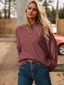 Women's Sweater Solid Color Oversized Crewneck Long Sleeve Fuzzy Knit Casual Chunky Warm 2024 Fall Pullover Loose Sweaters Top Outfits - 玫瑰紅 - 查看 2