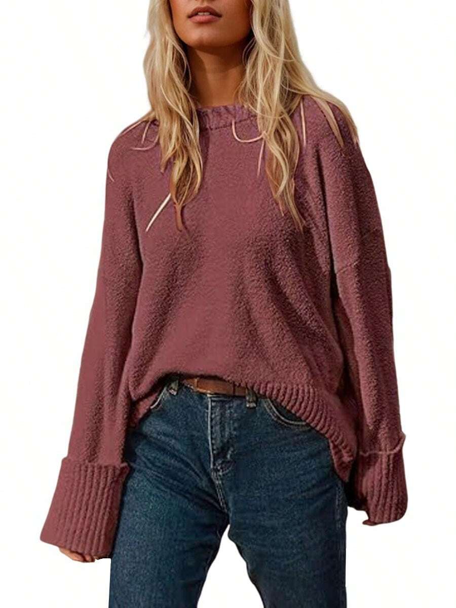 Women's Sweater Solid Color Oversized Crewneck Long Sleeve Fuzzy Knit Casual Chunky Warm 2024 Fall Pullover Loose Sweaters Top Outfits - 玫瑰紅 - 查看 1