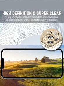兼容 iPhone 16 Pro Max/16 Pro/16/16 Plus/15 Pro Max/15 Pro/15/15 Plus/13/12/11/14 Pro Max，优质钢化玻璃金属时尚相机镜头保护膜 - 金色 - 查看 3