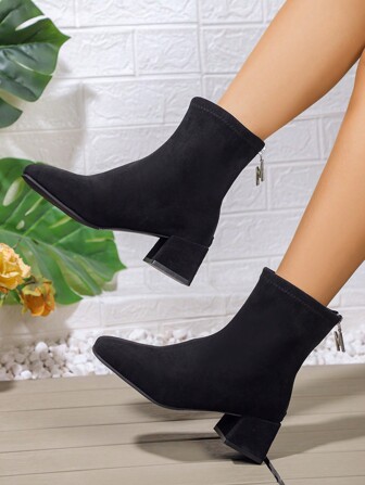 New Women Boots For Autumn/Winter, Elastic Soft Fabric High Heel Chunky Short Boots, Versatile