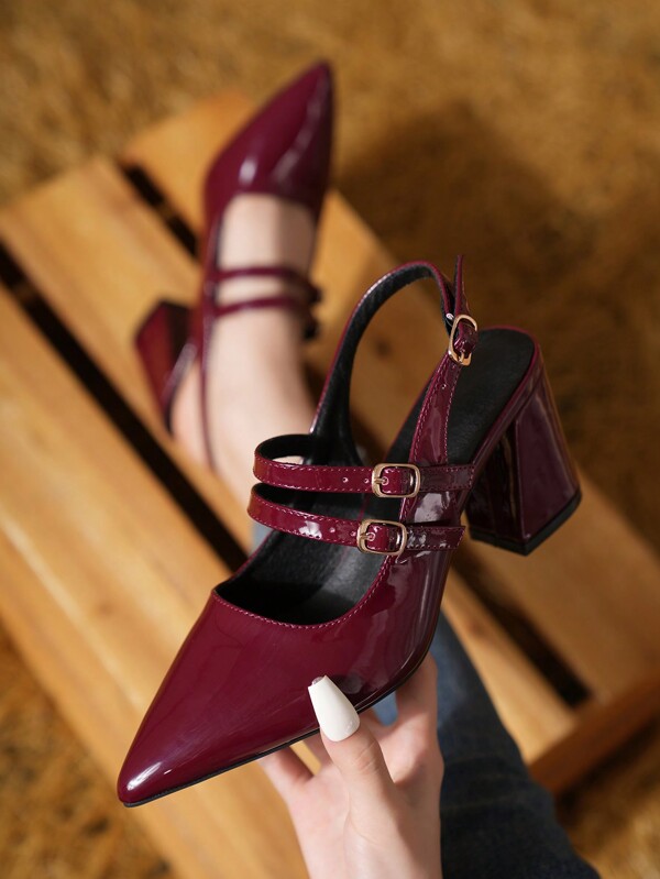 Fall/Winter 2025 Wine Red Peep Toe Chunky High Heel Sandals, New Arrival Pointed Toe Women Shoes, Breathable Pair For Dress, Elegant, Women Pumps, Elegant, Mary Janes