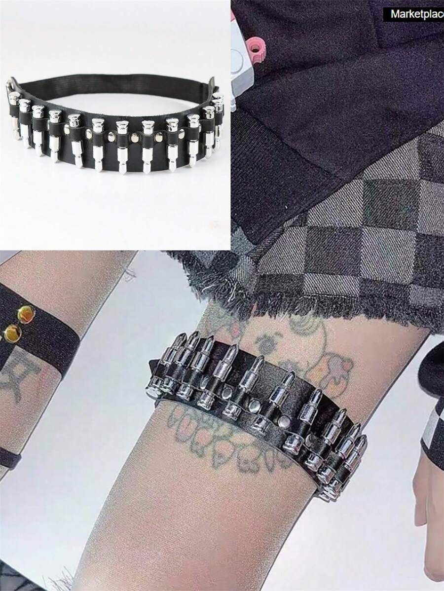 Funky Belt Punk Bullet Rivet Women's Leg Ring Rock Motorcycle Hip Hop Style - Black - View 1