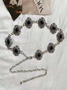 Dây thắt lưng kim loại phong cách châu Âu cổ điển, thắt lưng hợp kim kẽm Bohemian dành cho phụ nữ, phù hợp với váy, đám cưới mùa hè - màu xanh ngọc lam đen - Xem 4