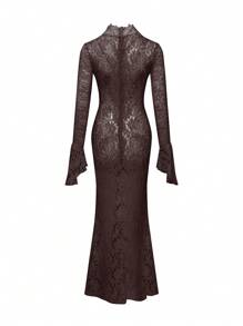 情人节喇叭袖蕾丝鱼尾连衣裙，女士哥特性感圣诞服装#浓缩咖啡棕#棕色针织衫