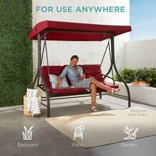 3-Seat Outdoor Large Converting Canopy Swing Glider, Patio Hammock Lounge Chair For Porch, Backyard W/Flatbed, Adjustable Shade, Removable Cushions - Xám - Xem 6