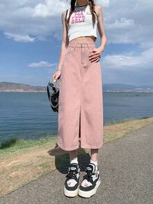 休闲时尚洗水开衩中长牛仔裙 - 粉色 - 查看 6