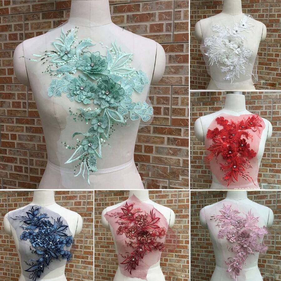 1pc Wedding Dress Decor Lace Floral Embroidered Applique With Net-Mesh Design