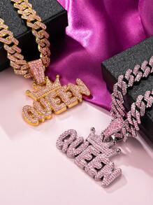 1set Women's Pink Rhinestone Studded Hip Hop Nightclub Style Letter Crown "KING" "QUEEN" Pendant Necklace Jewelry Set, Personalized Crown Design With Sparkling Crystals, Suitable For Daily Wear And Party Accessories
