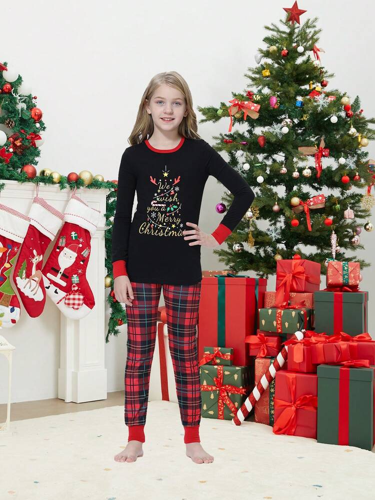 2 pièces Pyjama de Noël assortis famille pour jeune fille - Haut à manches longues et pantalon imprimés d'un arbre de Noël, ensemble de pyjama confortable pour les fêtes
