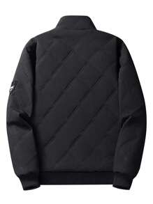 Men's Winter Jacket, Warm Solid Color Plaid Patchwork Design Thermal Lined Thick Coat - Black - View 2