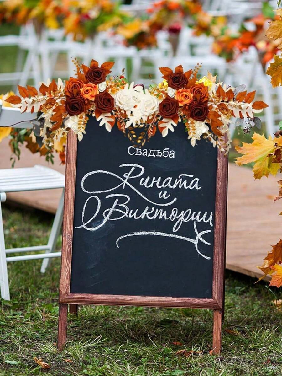 Wedding Sign Flower Swag (Pack Of 2) Artificial Arch Backdrop Garland Terracotta For Ceremony Party Reception Entrance Welcome Easel Door Floral Decor Wall Home Entryway Outdoor Home Decor - 橘色 - 查看 1
