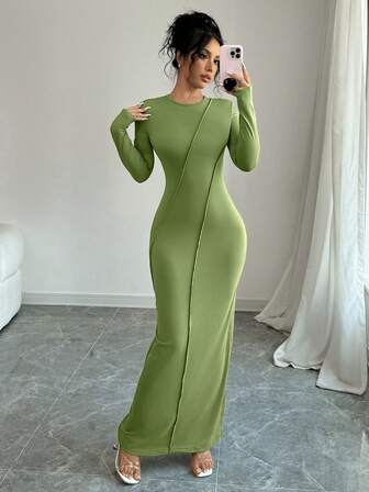abyoxi Solid Color Exposed Shape Seam Detail Long Sleeved Slim Fish Tail Long Skirt Dress, Casual And Sexy, Suitable For Commuting, Simple, Fashionable, Spicy Girl,Back To School,Fall/Winter Clothes For Women