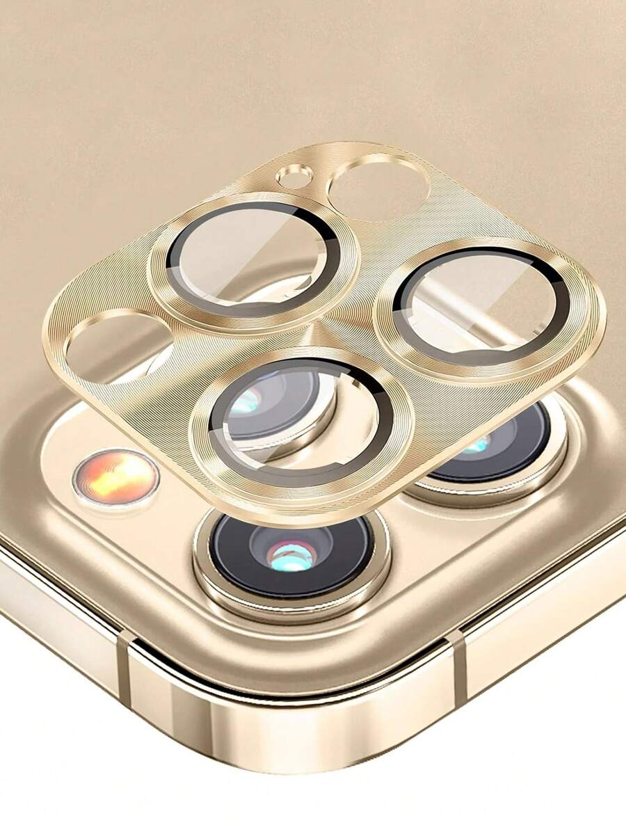 兼容 iPhone 16 Pro Max/16 Pro/16/16 Plus/15 Pro Max/15 Pro/15/15 Plus/13/12/11/14 Pro Max，优质钢化玻璃金属时尚相机镜头保护膜 - 金色 - 查看 1