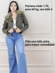 Chamarra Verde Militar de Mezclilla con Cuello de Peluche y Cierre Metálico, Casual y Moderna - Verde militar - Ver 8