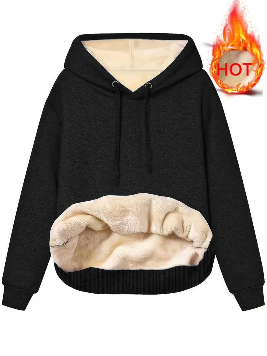 New Autumn/Winter European And American Style Women Thermal Lined Plain Color Hooded Sweatshirt,Long Sleeve Tops
