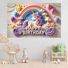 1PC Cute Stereo Rainbow Unicorn Birthday Theme Background Banner - 210*150/150*100/100*75CM Wooden Pattern Birthday Sun Star Balloon Rainbow Unicorn Suitable For Birthday Party Polyester Background Decoration, Perfect For Outdoor Celebrations And Home Garden Atmosphere Decoration Supplies - Multicolor - View 2