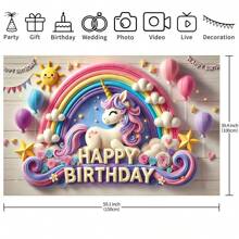 1PC Cute Stereo Rainbow Unicorn Birthday Theme Background Banner - 210*150/150*100/100*75CM Wooden Pattern Birthday Sun Star Balloon Rainbow Unicorn Suitable For Birthday Party Polyester Background Decoration, Perfect For Outdoor Celebrations And Home Garden Atmosphere Decoration Supplies - Multicolor - View 3