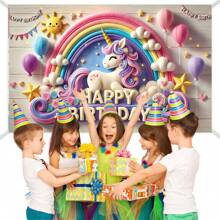 1PC Cute Stereo Rainbow Unicorn Birthday Theme Background Banner - 210*150/150*100/100*75CM Wooden Pattern Birthday Sun Star Balloon Rainbow Unicorn Suitable For Birthday Party Polyester Background Decoration, Perfect For Outdoor Celebrations And Home Garden Atmosphere Decoration Supplies - Multicolor - View 10