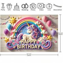 1PC Cute Stereo Rainbow Unicorn Birthday Theme Background Banner - 210*150/150*100/100*75CM Wooden Pattern Birthday Sun Star Balloon Rainbow Unicorn Suitable For Birthday Party Polyester Background Decoration, Perfect For Outdoor Celebrations And Home Garden Atmosphere Decoration Supplies - Multicolor - View 6