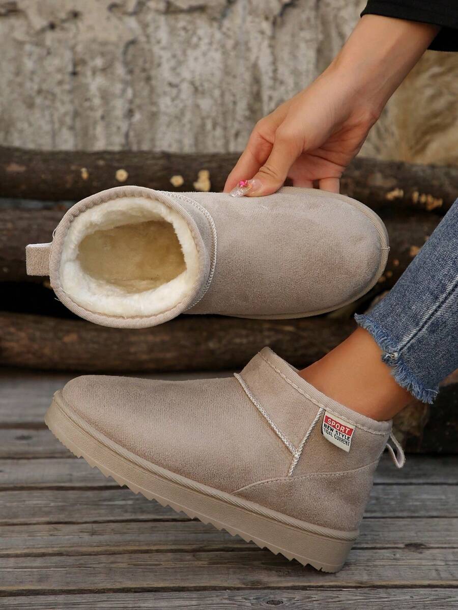 女士冬季雪地靴，毛绒衬里厚靴，新款蓬松短面包底冬鞋 - 米色 - 查看 1