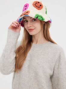 1PC Women Smiling Face Pattern Fluffy Hat Warm Bucket Hat For Daily Life, Dating Campus And Trips Teacher Mom Gifts - Multicolor - View 3
