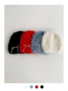 1 套珍珠蝴蝶结闪亮纯色针织帽 + 围巾，手工钩编渔夫渔夫帽和窄围巾，复古独特风格女士 - 珍珠蝴蝶結帽子+圍巾*紅色 - 查看 3