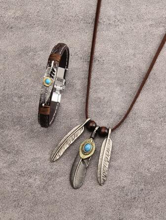 1 套绿松石首饰：男士个性化雕刻多层黑色皮革手链、鹰爪绿松石羽毛吊坠、锌合金棕色绳长链项链、情侣套装