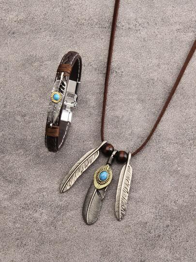 1 Set de Joyería de Turquesa: Brazalete de cuero negro personalizado con múltiples capas talladas para hombres, Colgante de pluma de garra de águila con turquesa, Collar de cadena larga de cuerda marrón de aleación de zinc, Conjunto a juego para parejas