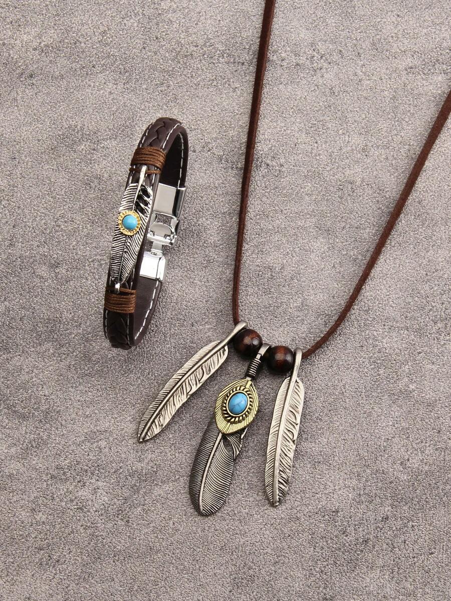 1 套绿松石首饰：男士个性化雕刻多层黑色皮革手链、鹰爪绿松石羽毛吊坠、锌合金棕色绳长链项链、情侣套装