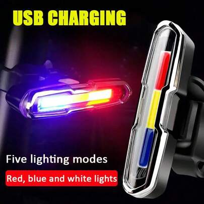 1 pieza Luz trasera para bicicleta Luz de advertencia LED brillante para exteriores Luz intermitente recargable por USB Luz trasera COB de tres colores para ciclismo