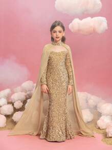 Vestido de fiesta con capucha para niña preadolescente, de gasa y con parches de lentejuelas, borde de cola de pez - Champán - Ver 2