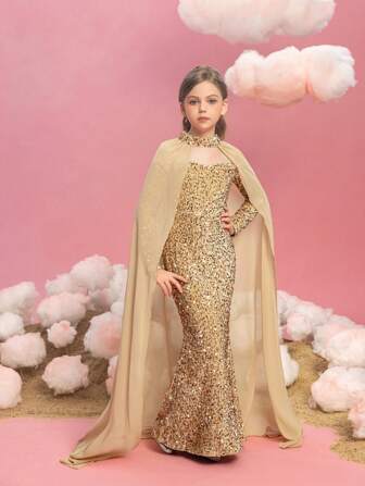 青少年女孩连帽斗篷亮片拼布雪纺鱼尾下摆派对连衣裙