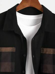 Men Plaid Contrast Color Collar Pocket Design Casual Fashion Daily Versatile Long Sleeve Shacket - Black - View 3