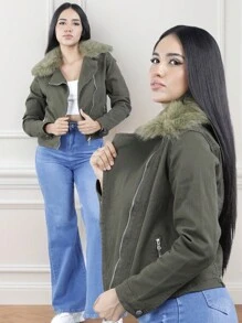 Chamarra Verde Militar de Mezclilla con Cuello de Peluche y Cierre Metálico, Casual y Moderna - Verde militar - Ver 7
