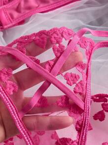 Heart Embroidery Sheer 2pcs Set, Bra & Panties, Women Sexy Lingerie Set For Rave - Hot Pink - View 5