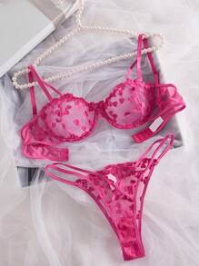 Heart Embroidery Sheer 2pcs Set, Bra & Panties, Women Sexy Lingerie Set For Rave - Hot Pink - View 2