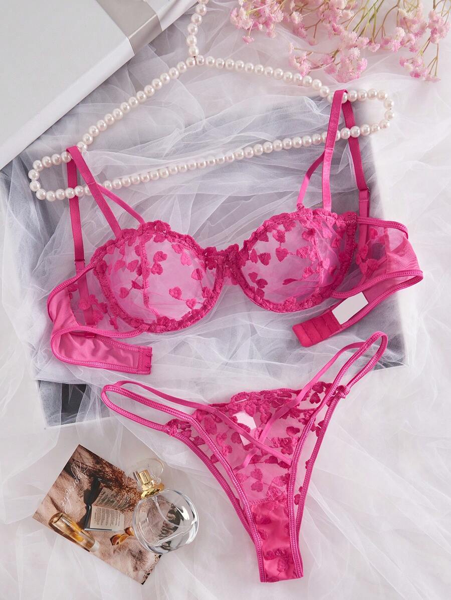 Heart Embroidery Sheer 2pcs Set, Bra & Panties, Women Sexy Lingerie Set For Rave - Hot Pink - View 1