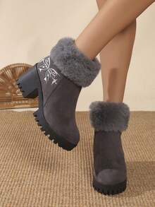 Giày bốt đi tuyết ngoài trời cho nữ, mũi tròn, gót dày, cổ cao, thêu khóa kéo bên hông, ấm áp - Xám - Xem 2