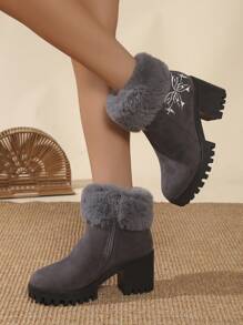 Giày bốt đi tuyết ngoài trời cho nữ, mũi tròn, gót dày, cổ cao, thêu khóa kéo bên hông, ấm áp - Xám - Xem 1