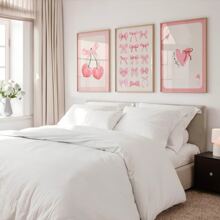 3 件/套无框粉色蝴蝶结樱桃印花极简主义墙饰、潮流艺术海报、学院风房间装饰、粉色房间装饰、美学房间装饰、防水帆布墙饰、艺术品墙画，可作为礼物、卧室、客厅、办公室、浴室、家居和宿舍装饰